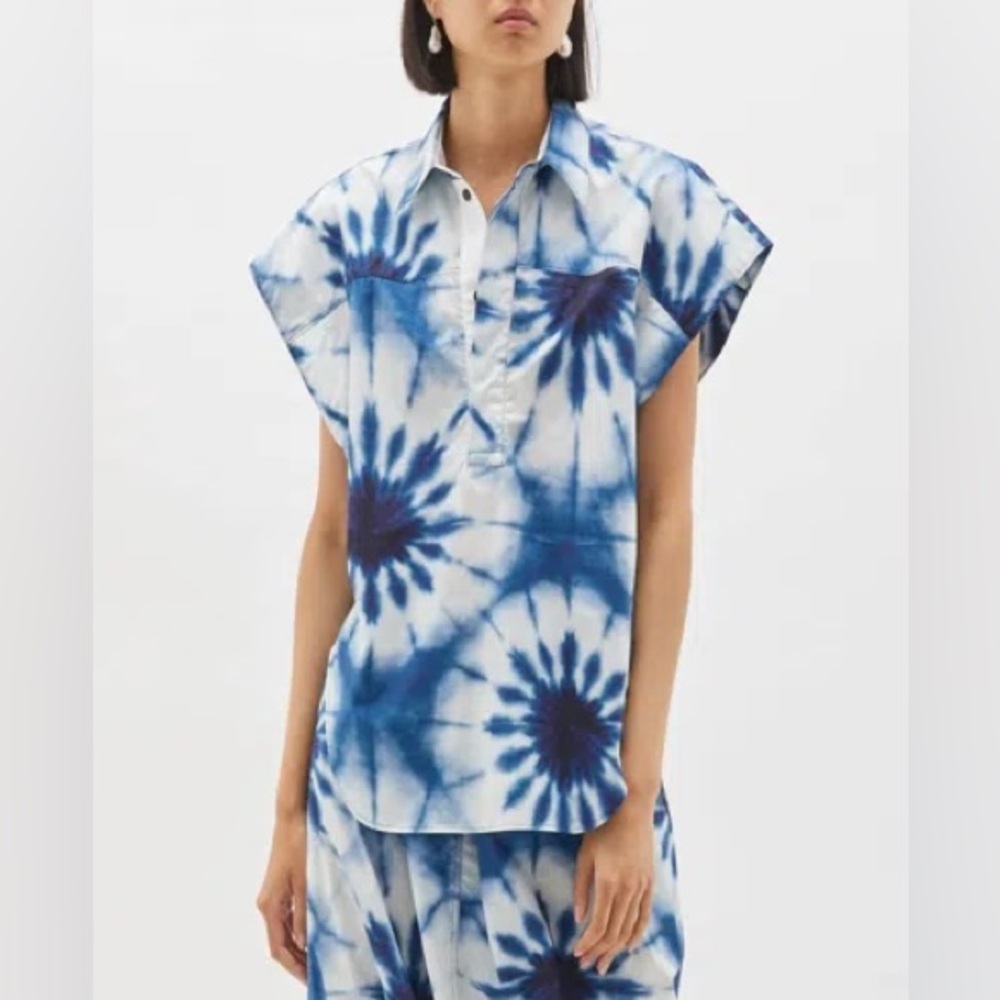 Bassike Oversized Tie Dye Printed Cotton Yoke Shirt - Indigo & White - One Size